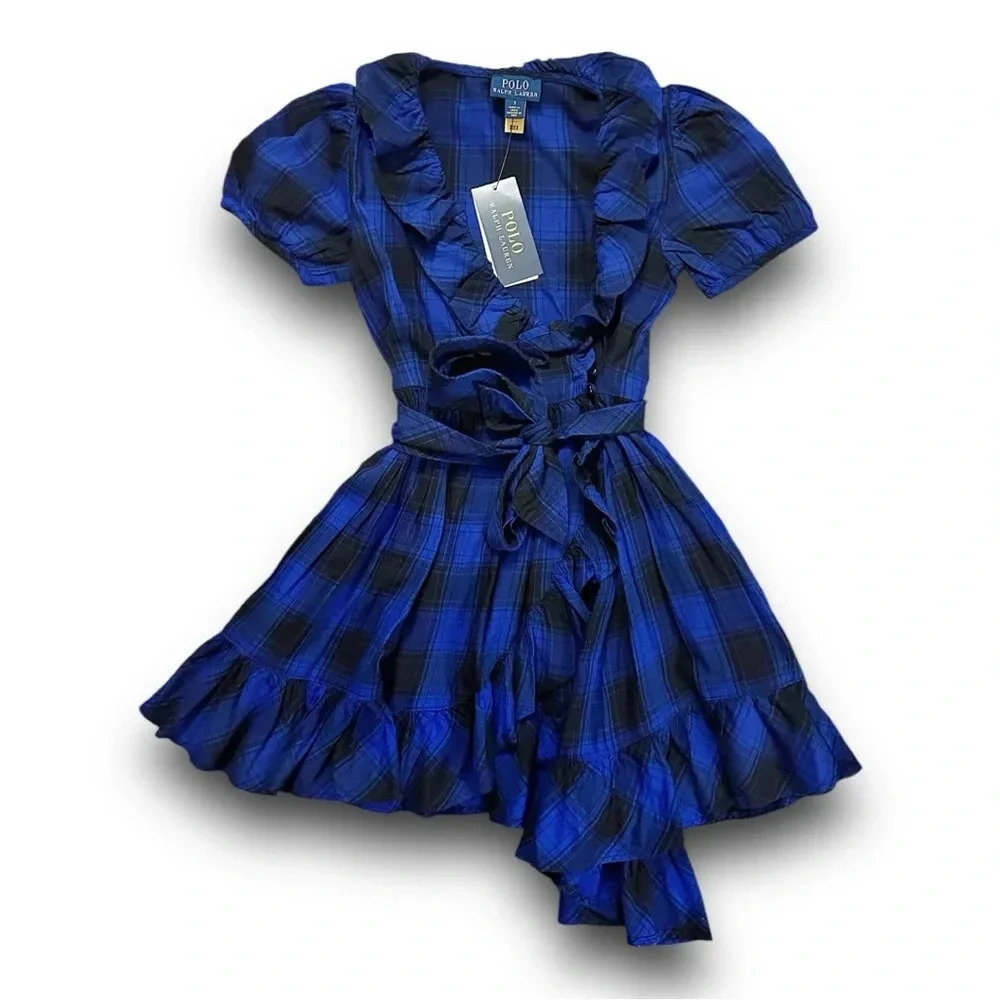 Polo | Girls Plaid Ruffle Wrap Dress (7) 🖤💙